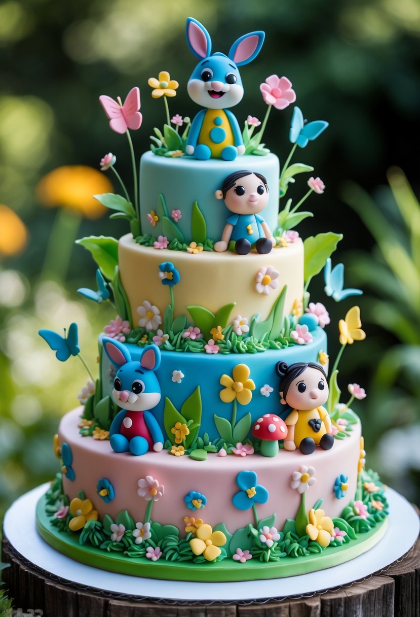 A colorful garden-themed cake decorated with Bluey and friends characters, flowers, and garden elements on a table.