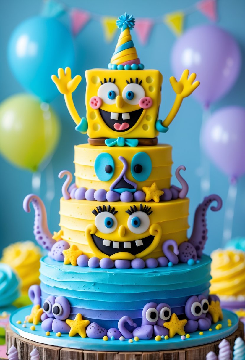 A colorful multi-tiered cake decorated with SpongeBob and Squidward faces and ocean-themed decorations on a party table.