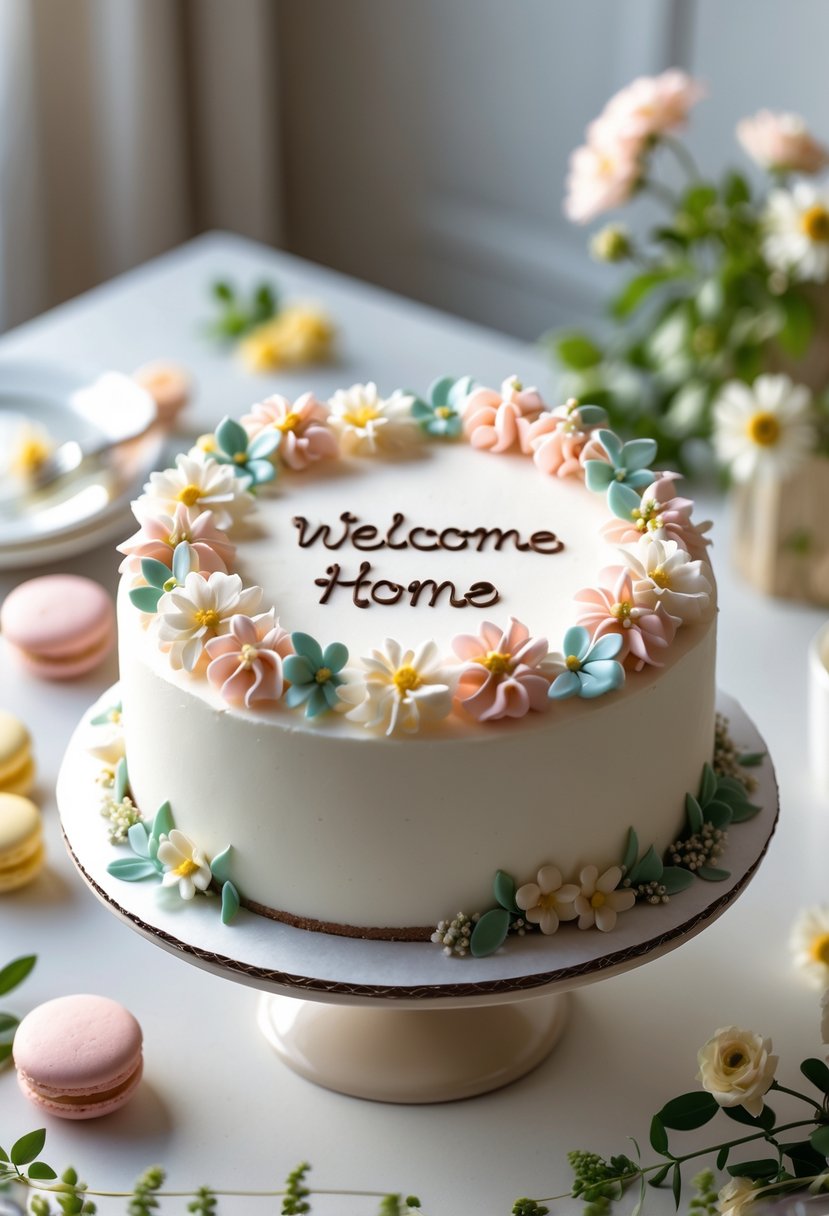 A round white cake decorated with pastel edible flowers on a table with small flowers and macarons around it.