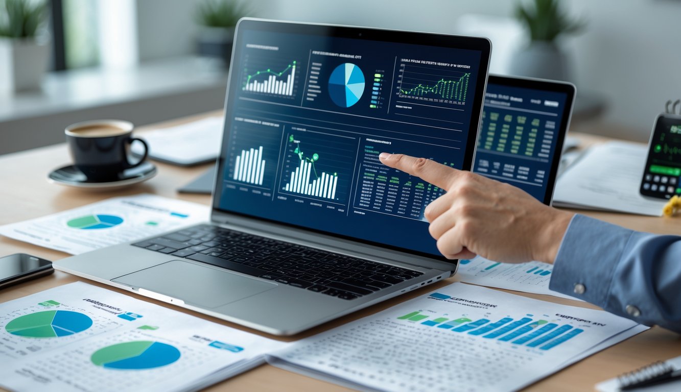 Sebuah meja kerja modern dengan laptop yang menampilkan grafik dan data statistik, serta tangan menunjuk layar, dikelilingi oleh kertas dan alat tulis di ruang kantor yang terang.