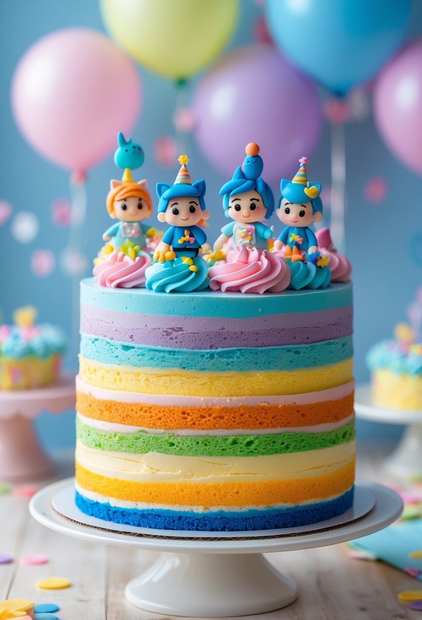 A colorful rainbow layer cake decorated with Bluey-themed edible figures on a white cake stand with birthday decorations in the background.