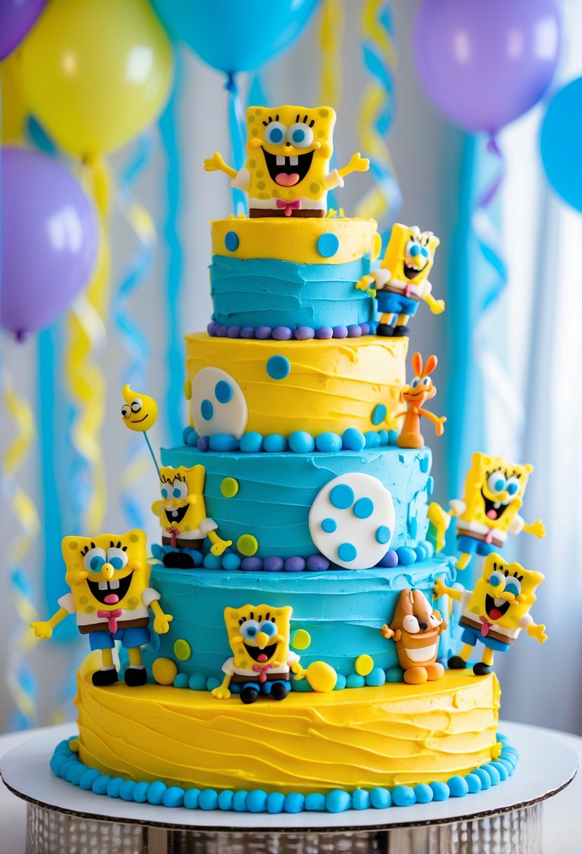 A colorful birthday cake decorated with edible SpongeBob SquarePants figurines on a table with party decorations in the background.