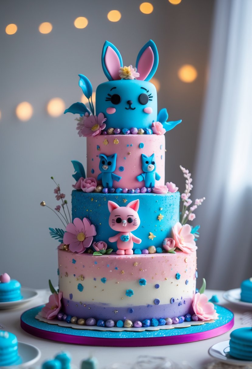 A colorful multi-tiered Bluey themed cake decorated with edible glitter and fondant character figures on a clean surface.