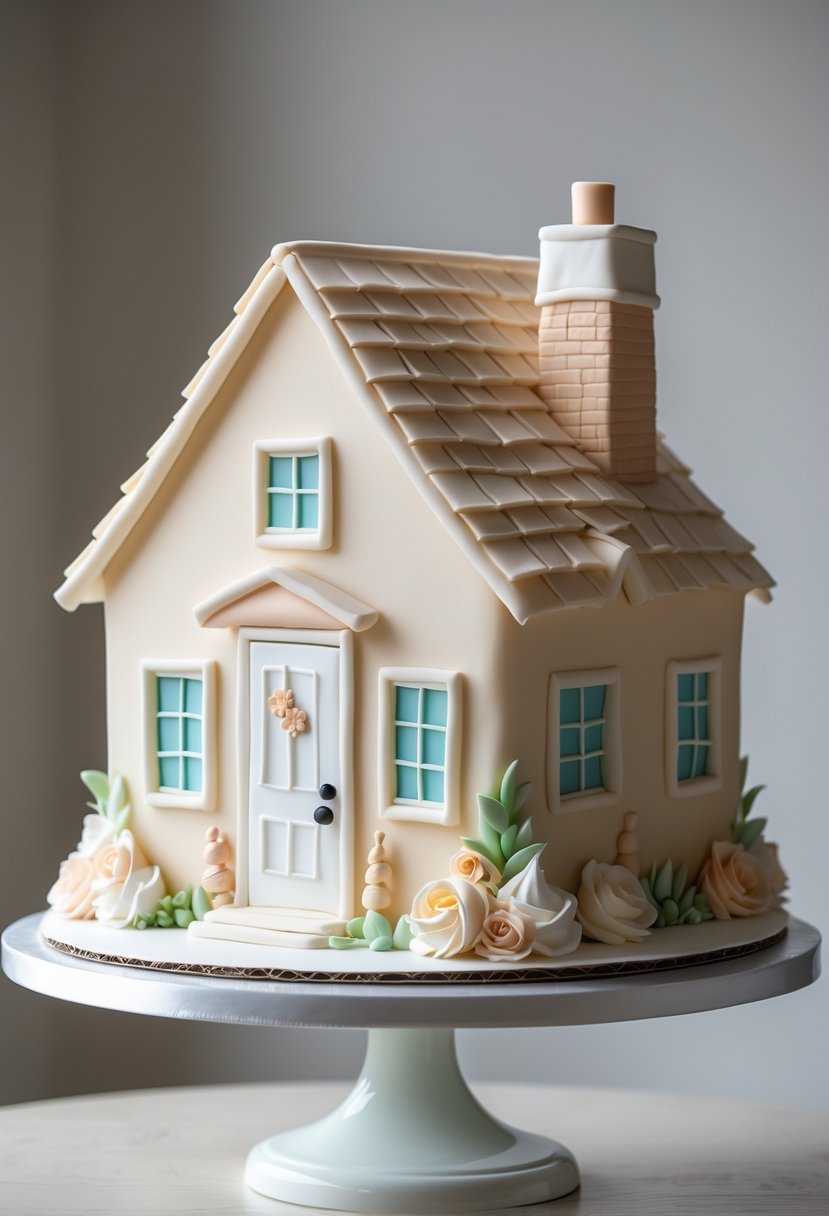 A cake shaped like a house silhouette decorated with detailed fondant windows, doors, and roof elements on a white cake stand.