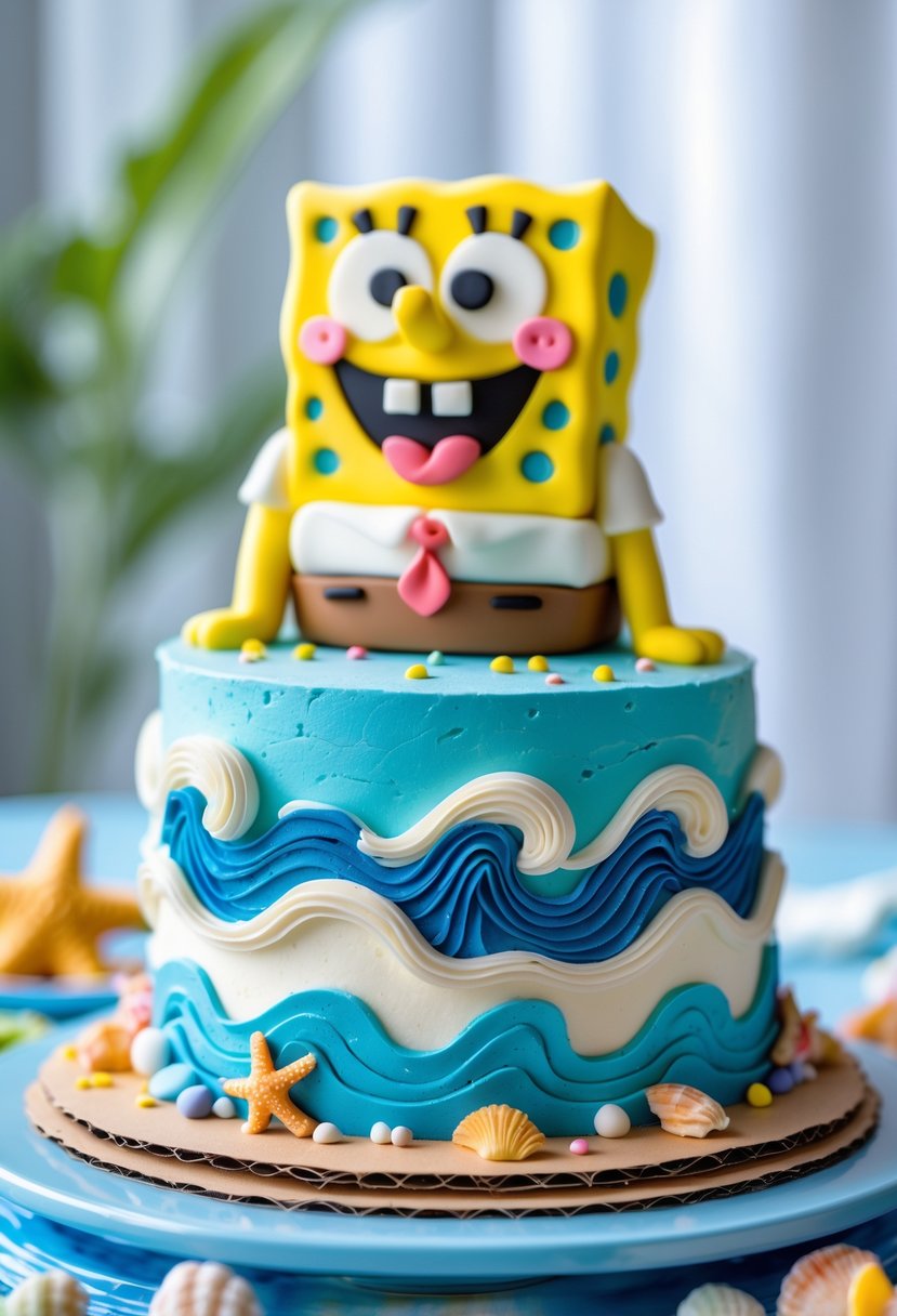 A colorful SpongeBob SquarePants cake decorated with ocean waves and sea-themed edible decorations.