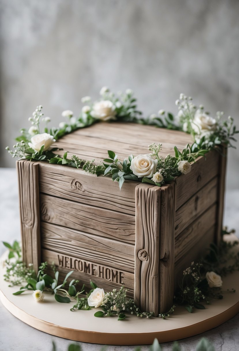 A cake designed to resemble a rustic wooden crate decorated with flowers and greenery on a neutral surface.