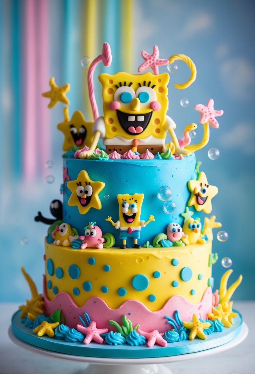 A colorful multi-tiered cake decorated with SpongeBob SquarePants and friends figures, surrounded by ocean-themed decorations.