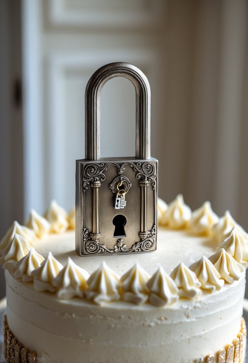 A cake topped with a detailed key and door lock decoration on soft pastel frosting.