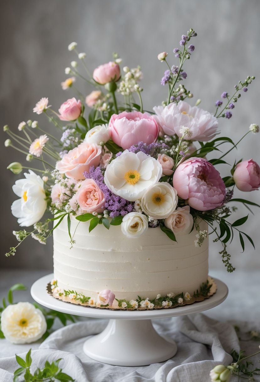 A cake decorated with fresh pink, white, and lavender flowers on a white cake stand.