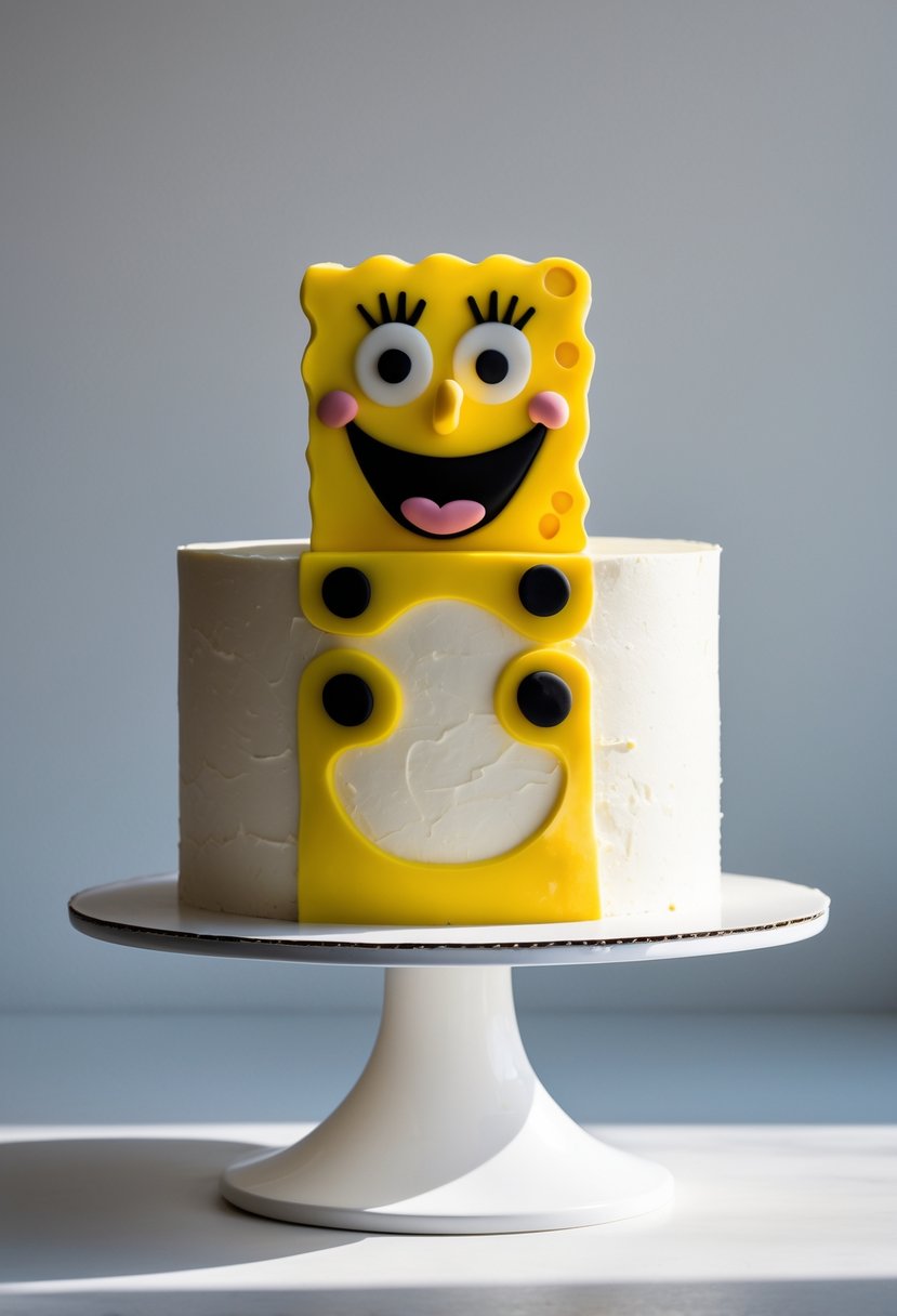 A yellow cake shaped like a simple silhouette of SpongeBob SquarePants on a white cake stand against a plain background.