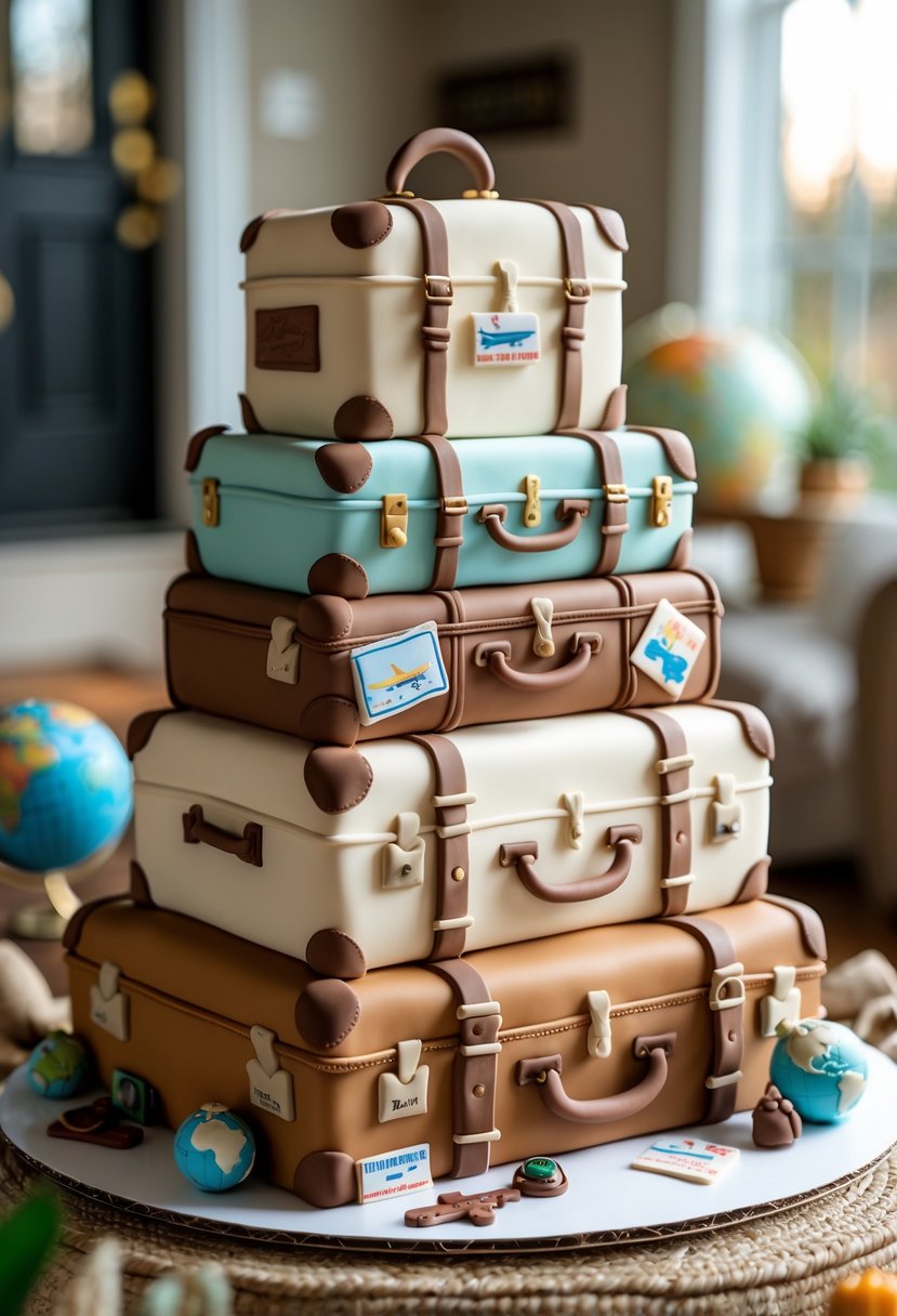 A multi-tiered cake designed to look like stacked vintage suitcases with travel-themed decorations including miniature airplanes and globes.