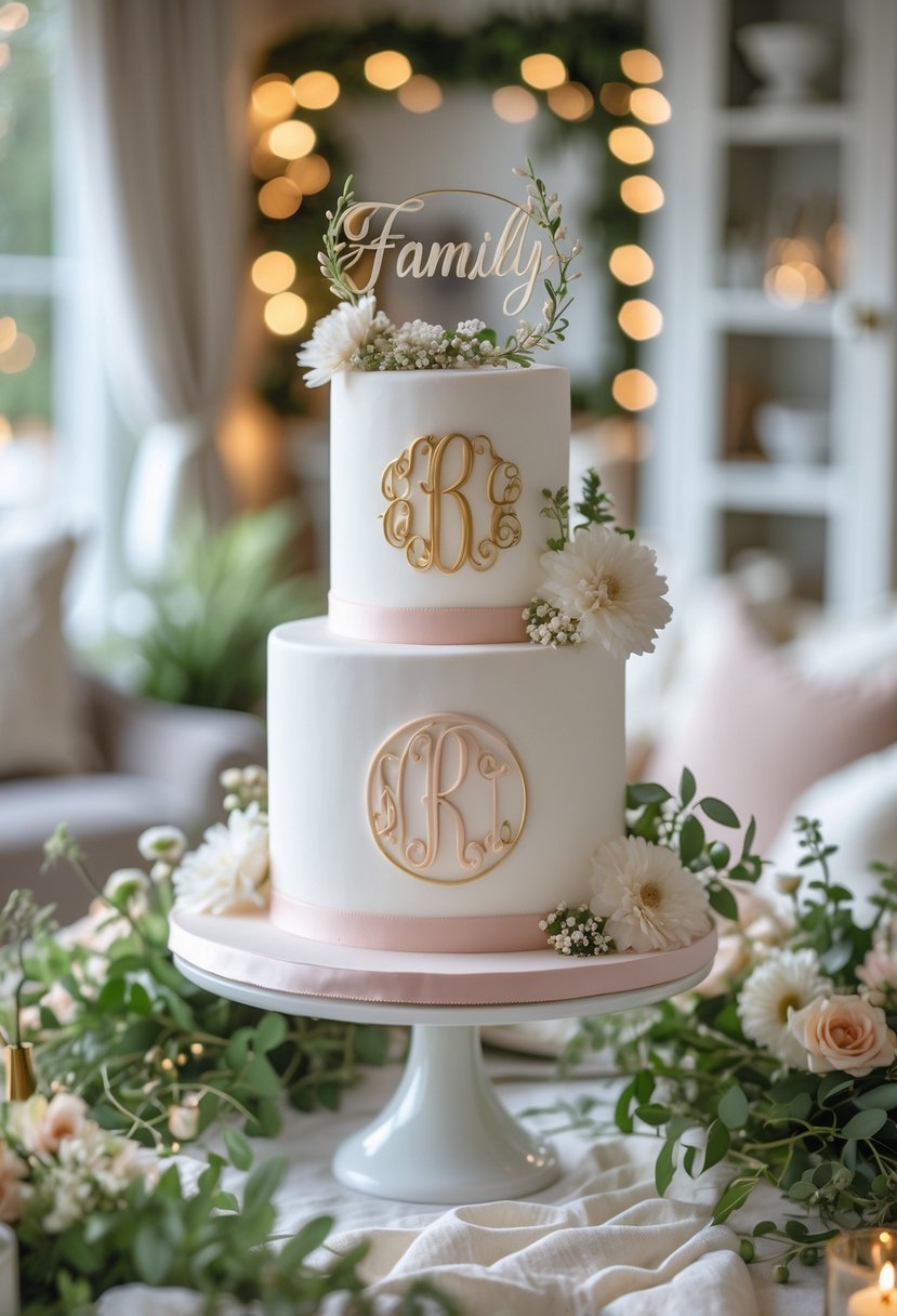 A decorated cake with a family name monogram on top, displayed on a table set for a homecoming celebration.