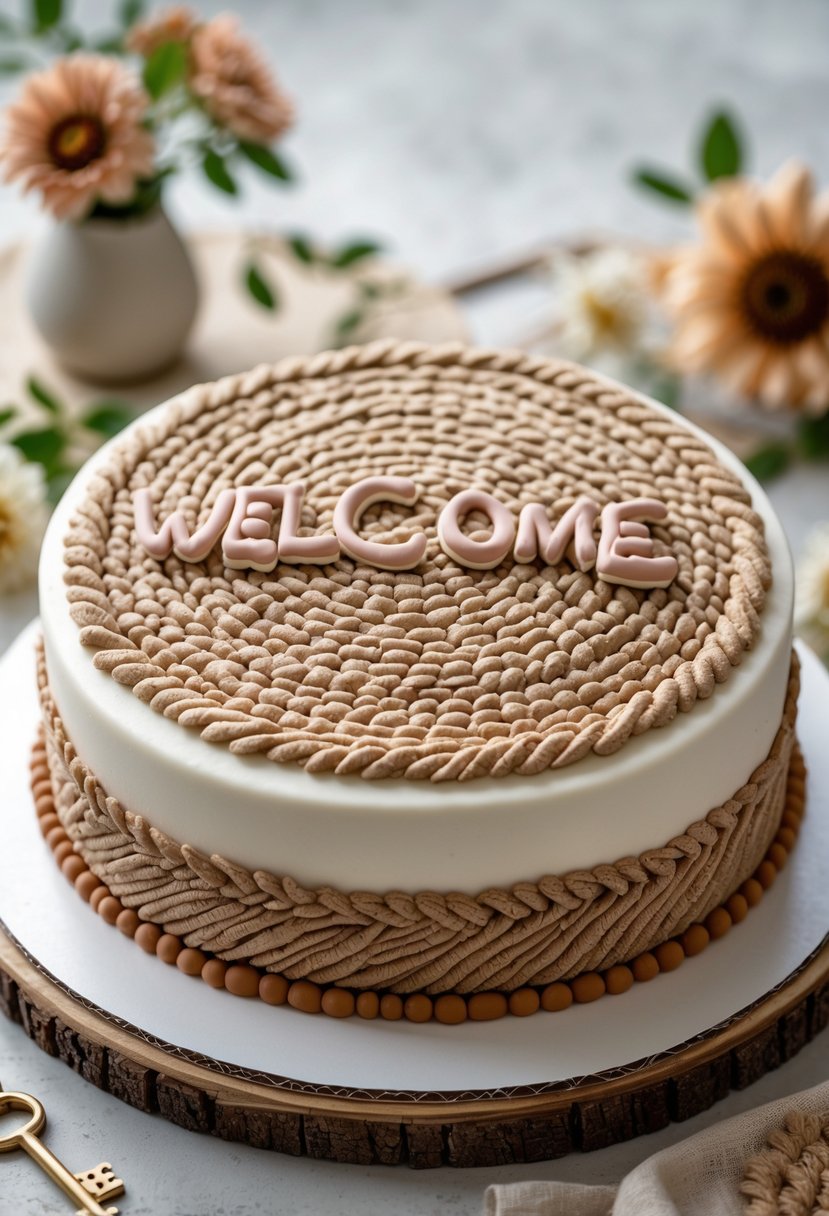 A round cake decorated with a textured welcome mat pattern on top, surrounded by small edible home-themed decorations.