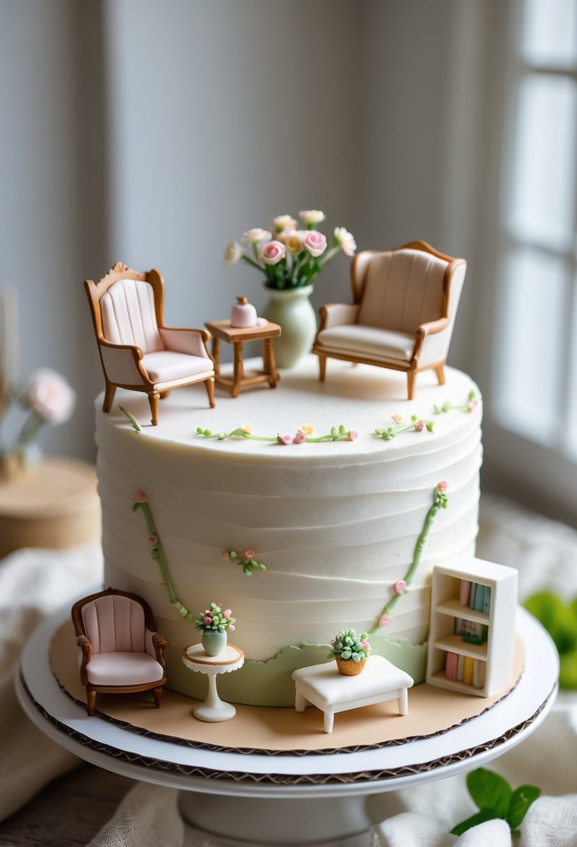 A decorated cake topped with tiny edible miniature furniture pieces including a chair, table, sofa, and bookshelf.