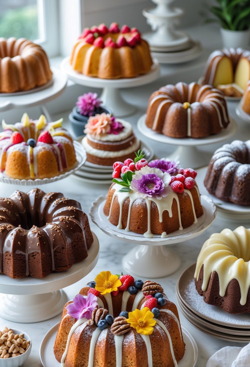 A variety of 18 decorated Bundt cakes displayed on a kitchen countertop with different glazes, toppings, and designs.