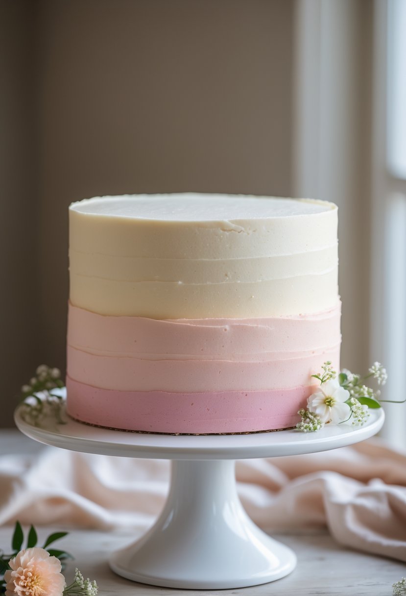A two-tone ombre cake on a white cake stand with soft pink and white gradient frosting, surrounded by subtle floral decorations.