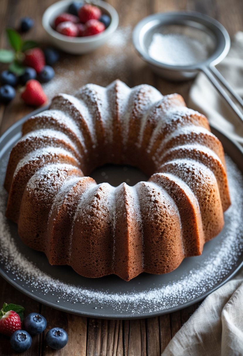 A Bundt cake dusted with powdered sugar on a wooden table with berries and a bowl of powdered sugar nearby.