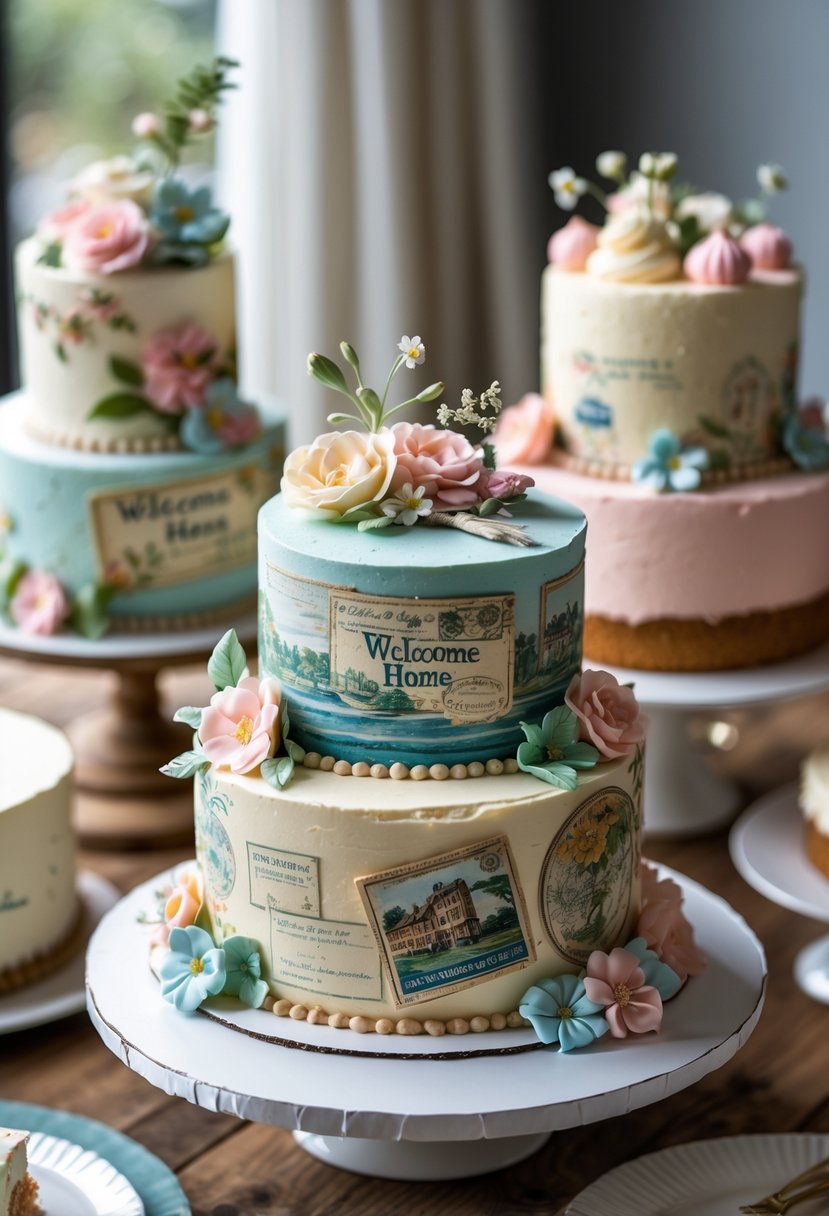 A variety of decorated welcome home cakes with vintage postcard-inspired edible designs arranged on a wooden table.