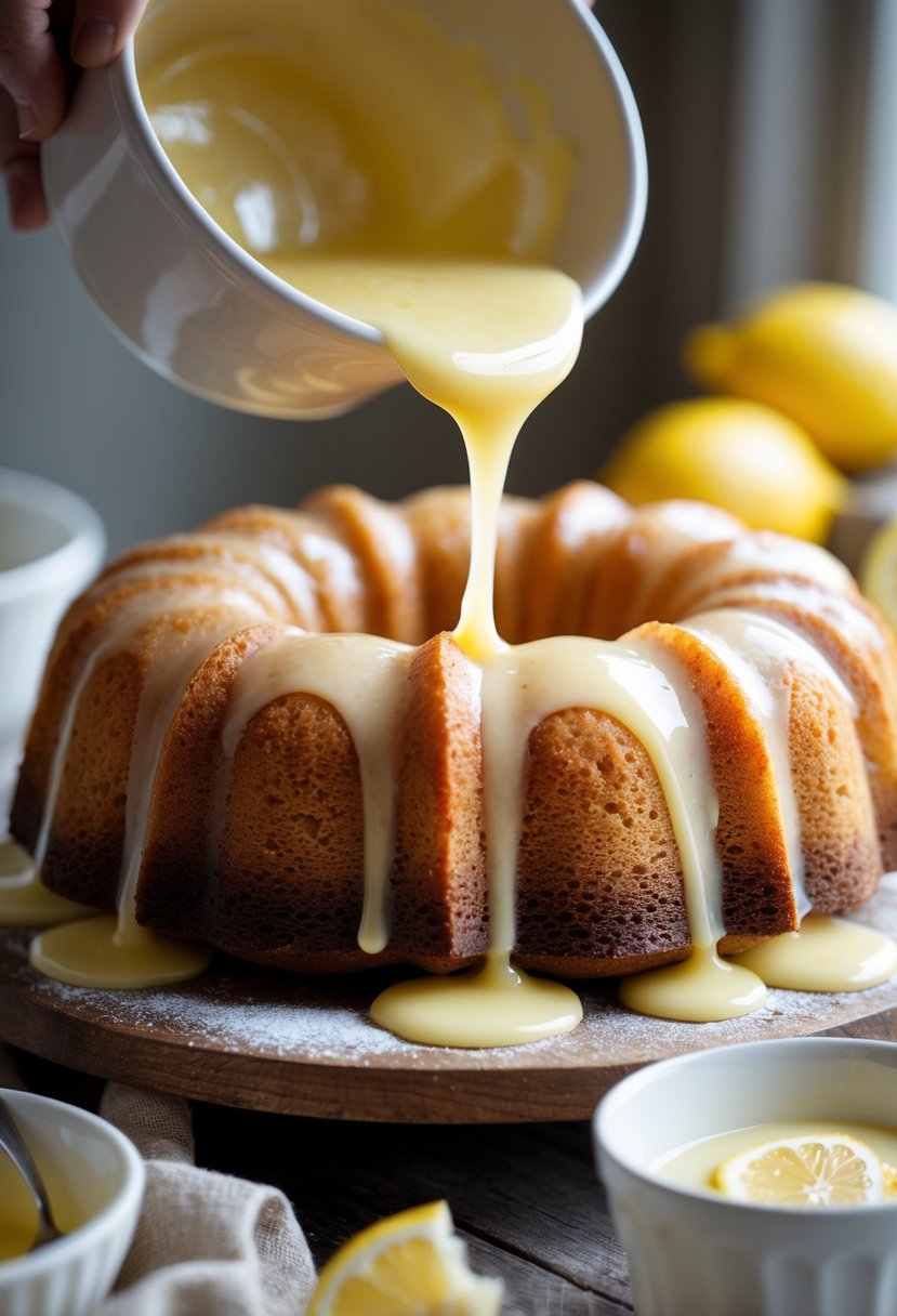 Close-up of a Bundt cake being drizzled with lemon glaze on a wooden table.