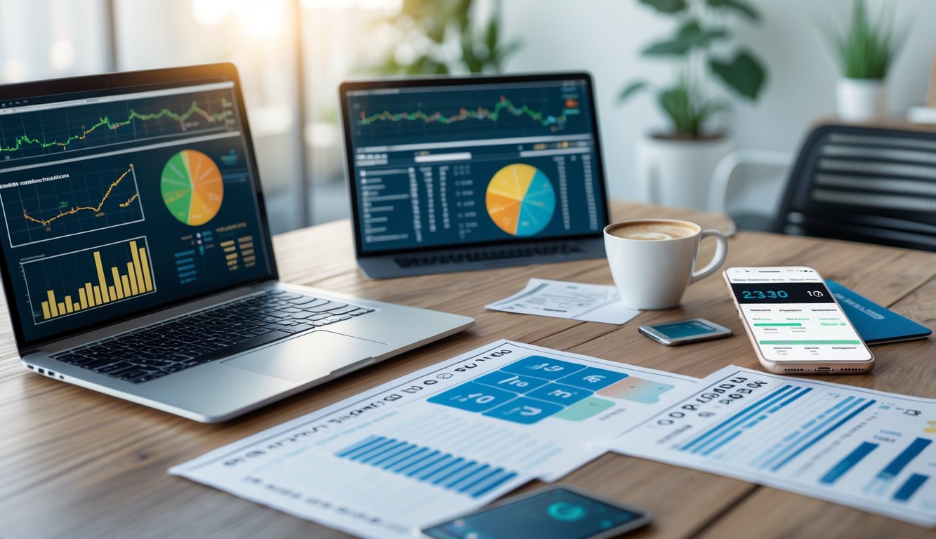 Meja kerja modern dengan laptop, ponsel, dan dokumen data yang rapi di sebuah kantor.