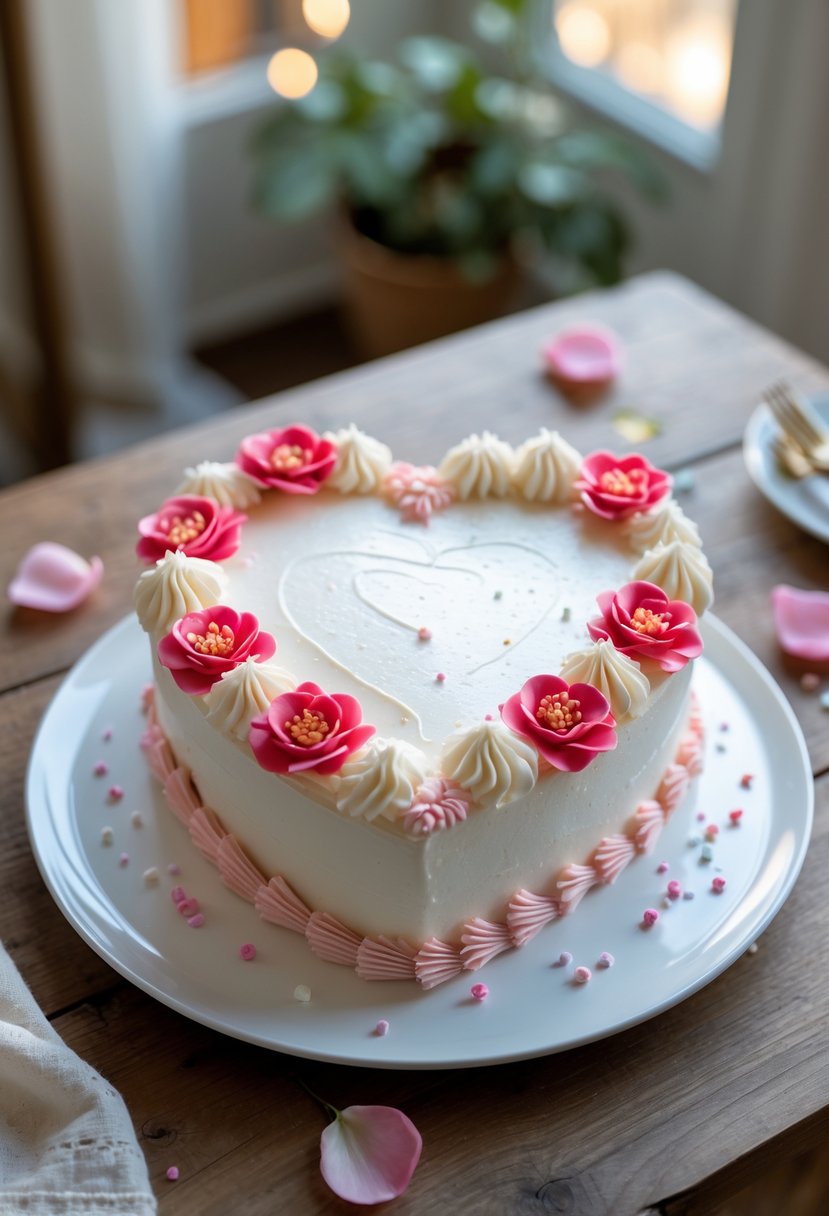A heart-shaped cake decorated with pink and red flowers on a white plate on a wooden table with soft lighting.