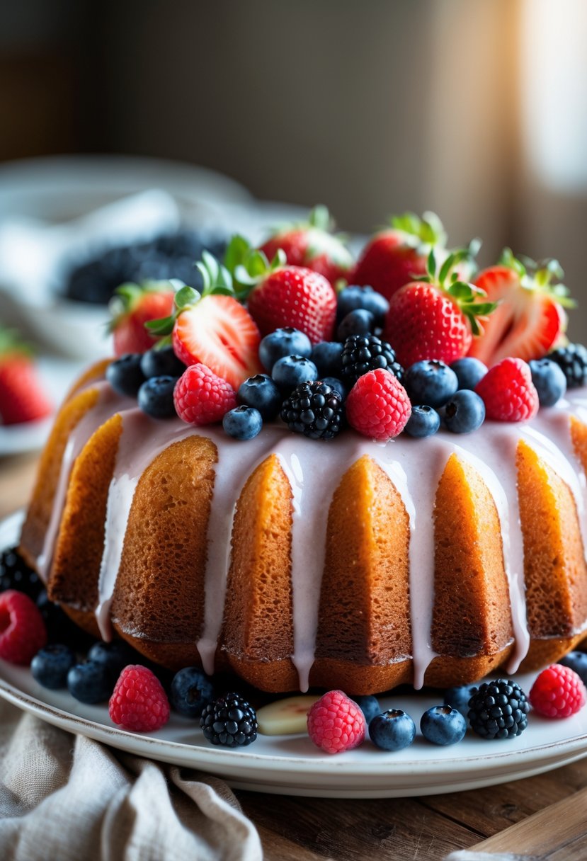A Bundt cake topped with fresh strawberries, blueberries, raspberries, and blackberries on a wooden table.