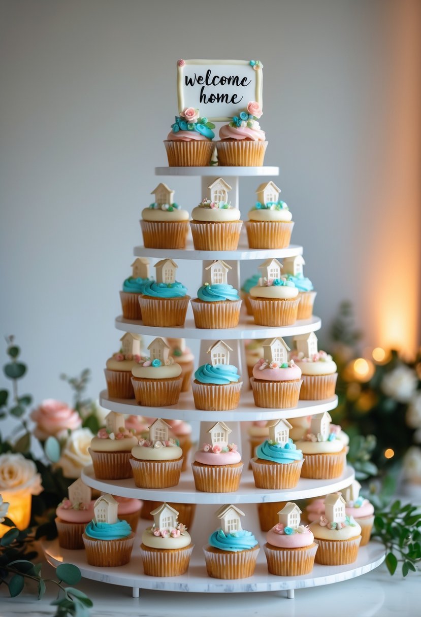 A tower of decorated cupcakes with matching welcome home themes arranged on a white table surrounded by flowers and greenery.