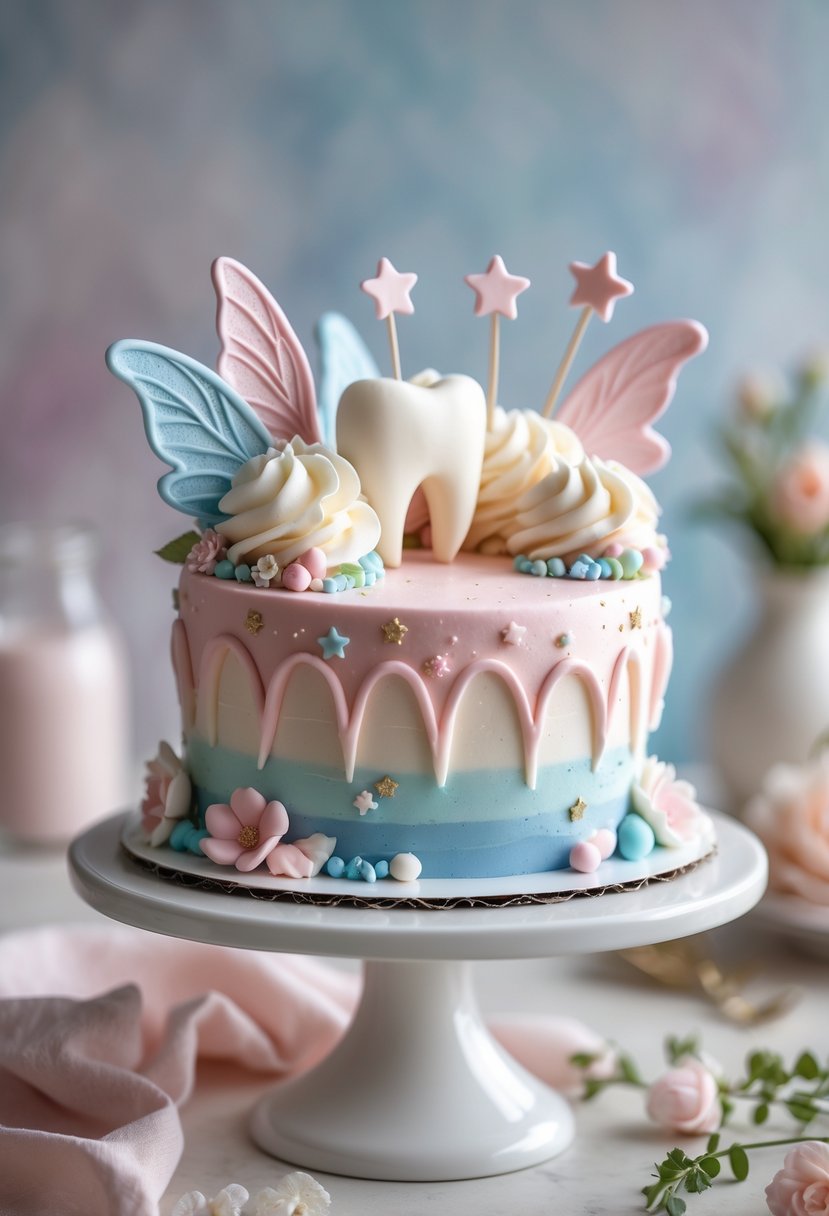 A pastel-colored cake decorated with tiny tooth shapes and fairy-themed decorations on a white cake stand.
