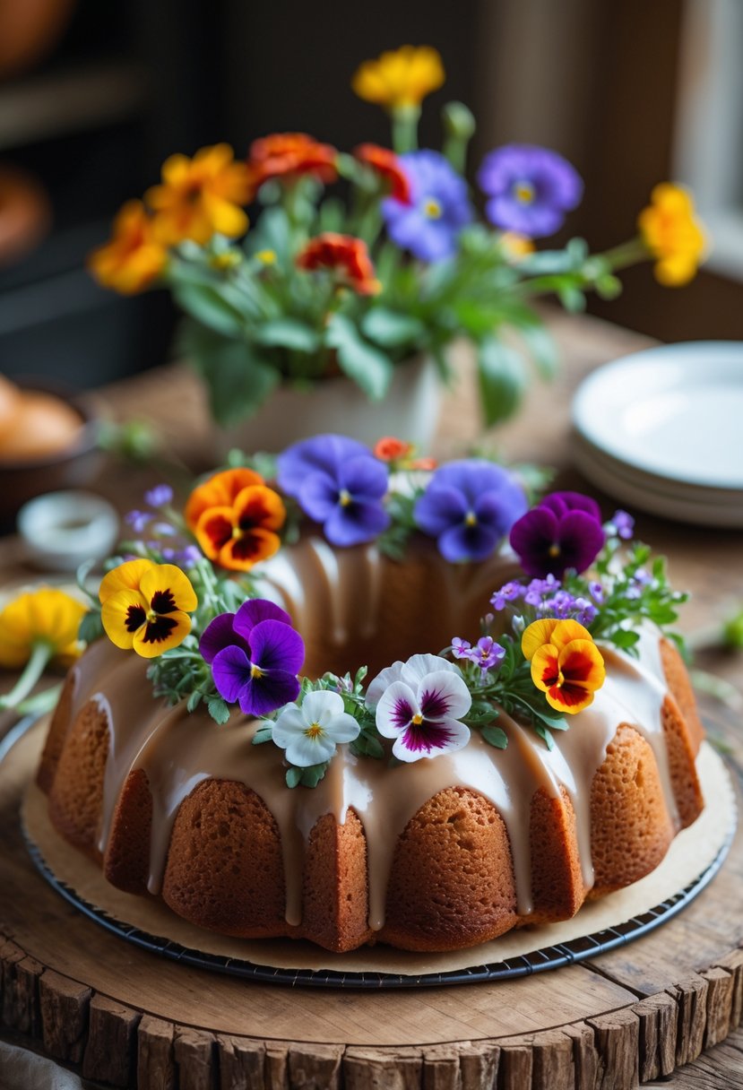 A Bundt cake decorated with colorful edible flowers on a wooden table.