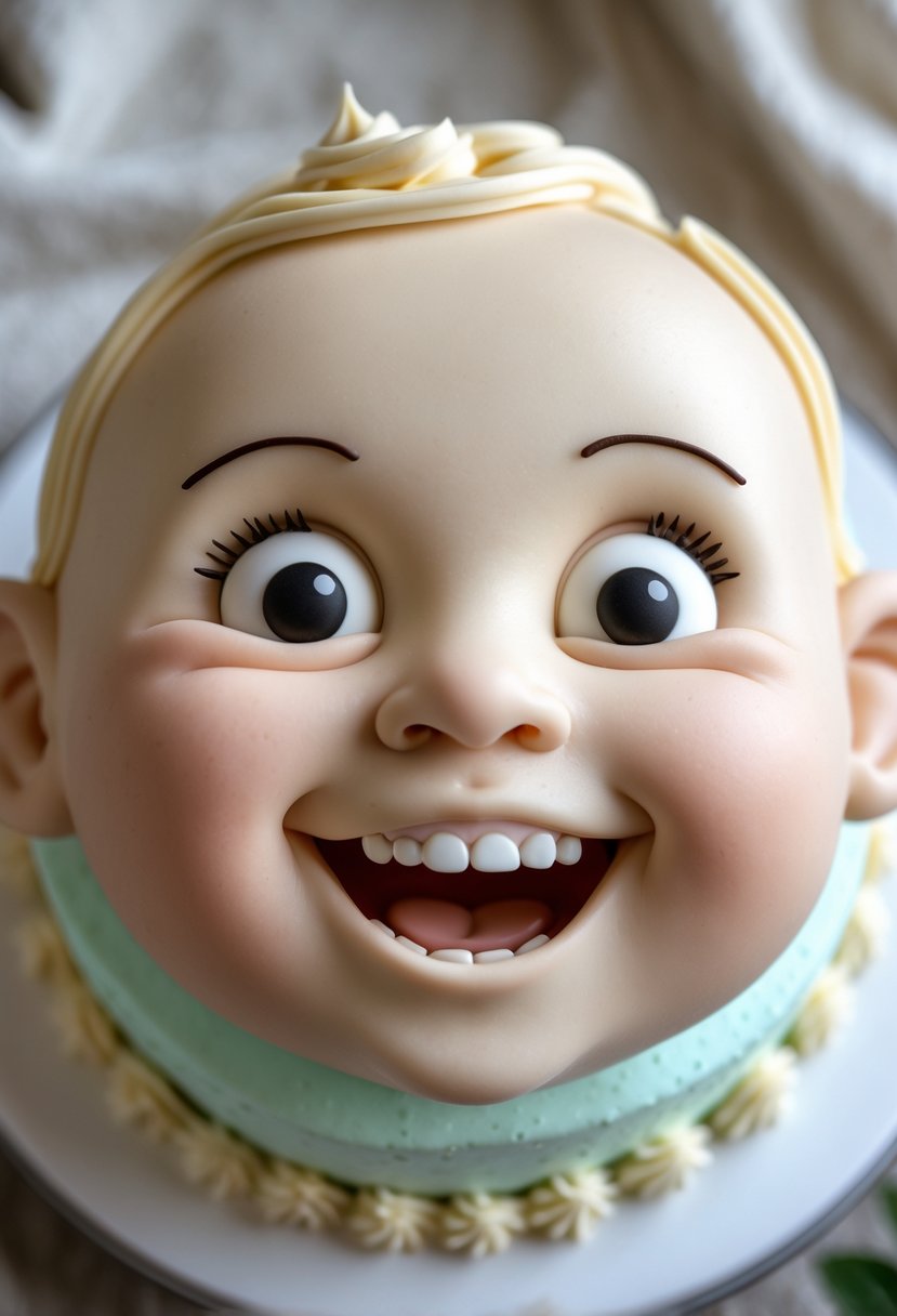 Close-up of a smiling baby face cake showing tiny white baby teeth.