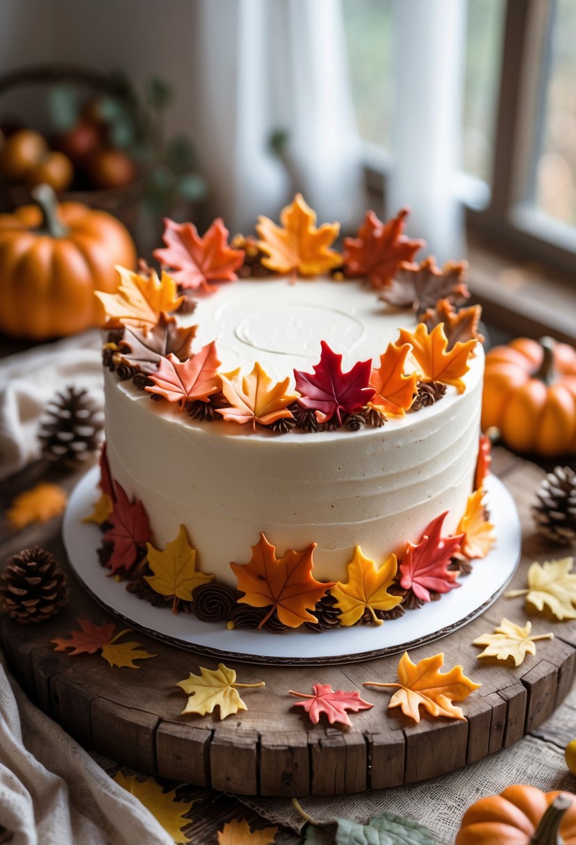 A decorated cake with autumn leaf designs on a wooden table surrounded by small pumpkins and pine cones.