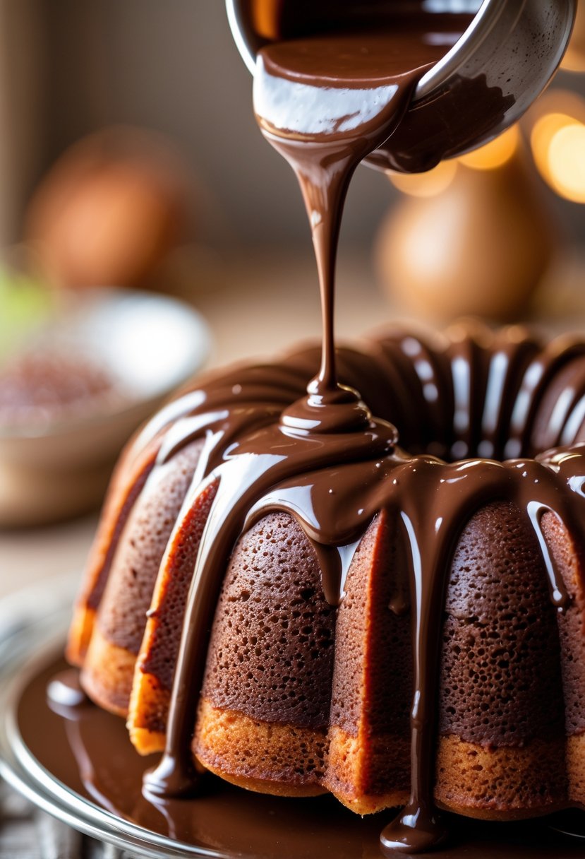 Close-up of a Bundt cake being coated with glossy chocolate ganache in a warm kitchen setting.