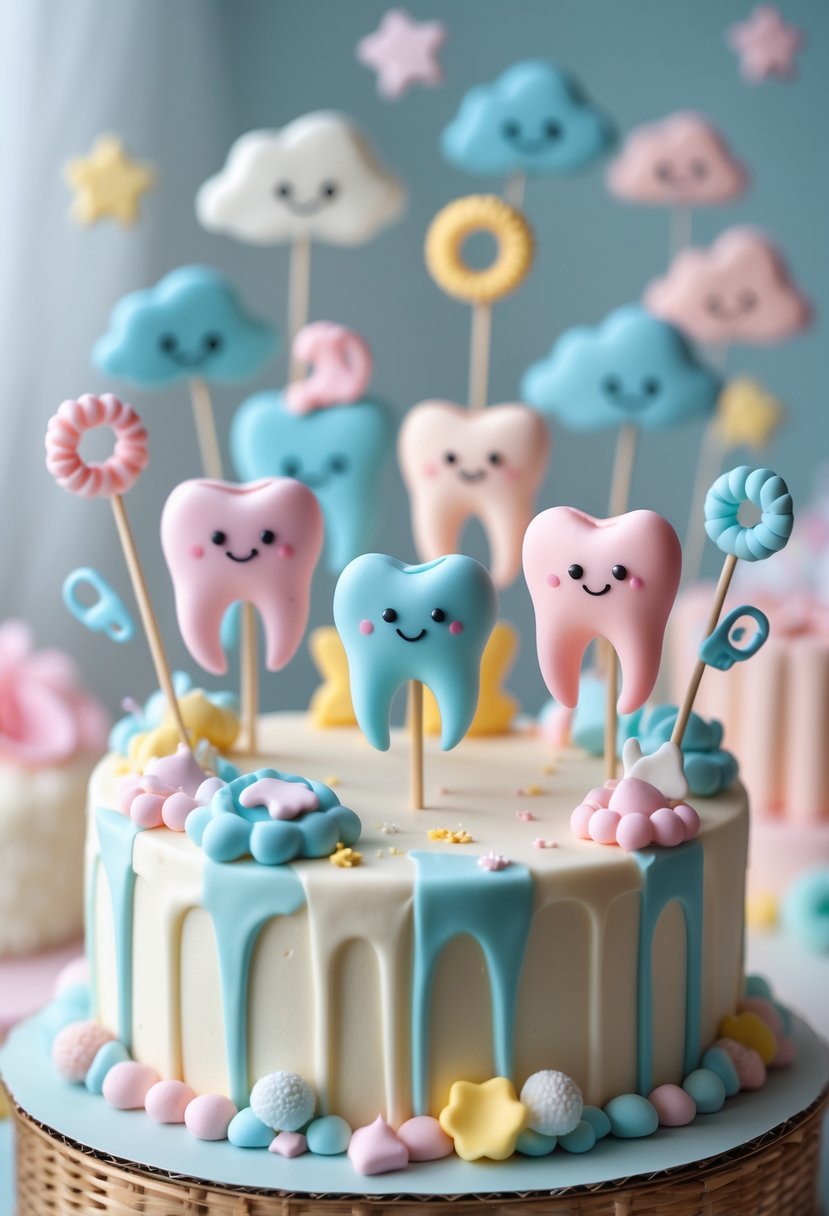 A baby-themed cake decorated with edible tooth-shaped cake toppers and small baby-related decorations.