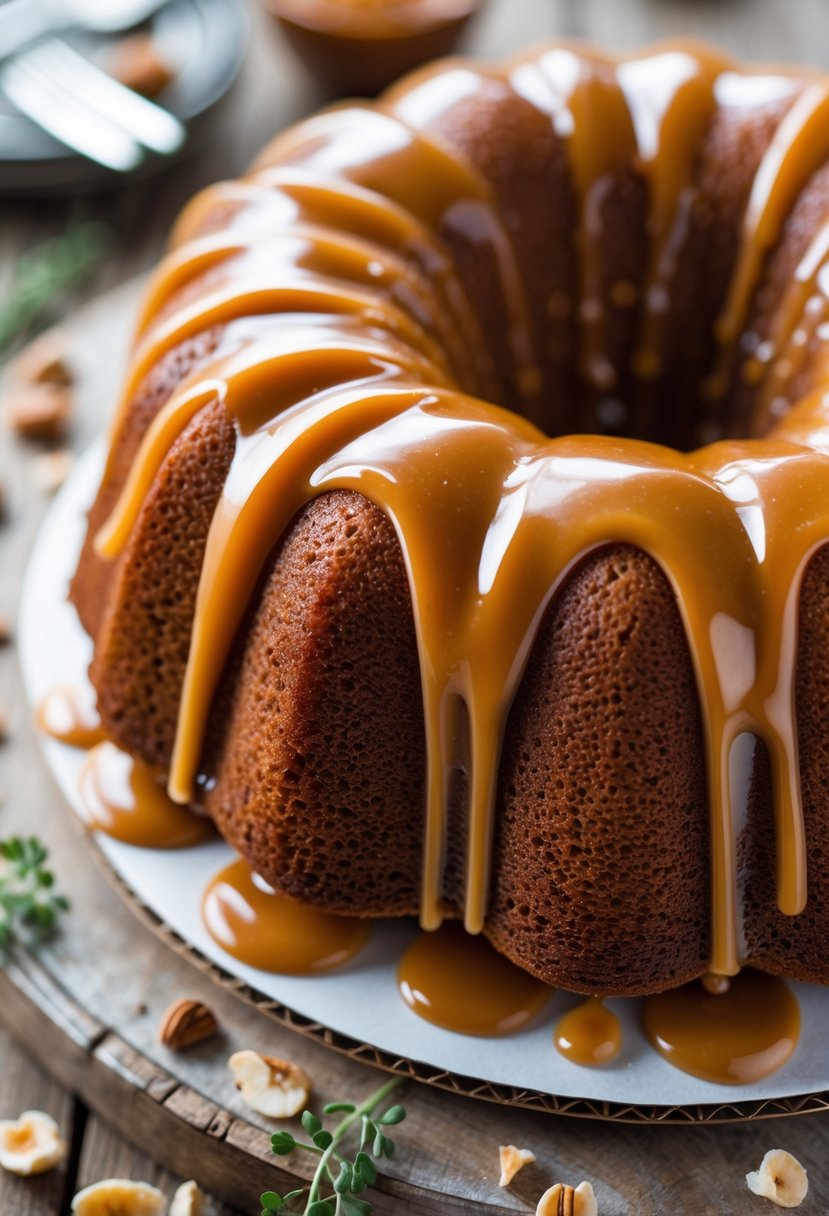 Close-up of a Bundt cake with caramel sauce drizzled over it, placed on a wooden surface with a blurred background.