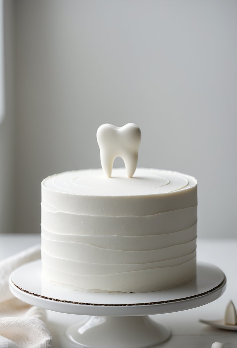 A white minimalist cake with a single small tooth-shaped decoration on top on a plain background.