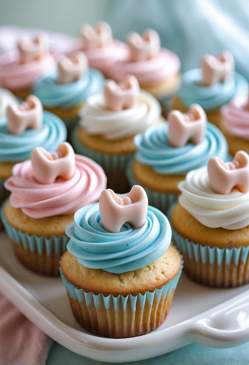 A platter of cupcakes decorated with small fondant baby teeth on pastel-colored frosting.