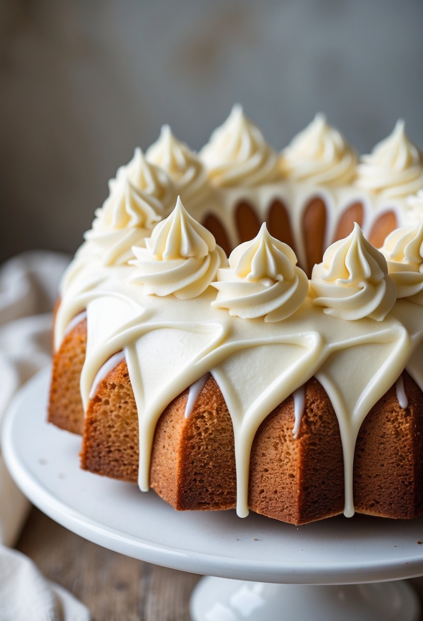 Close-up of a Bundt cake with cream cheese frosting piped into rosettes on top, displayed on a white cake stand.