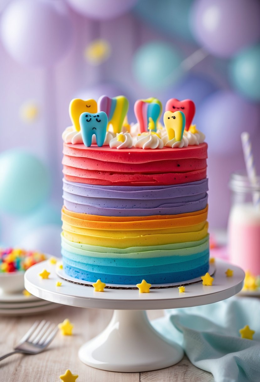 A colorful layered rainbow cake decorated with small tooth-shaped toppers on a white cake stand.