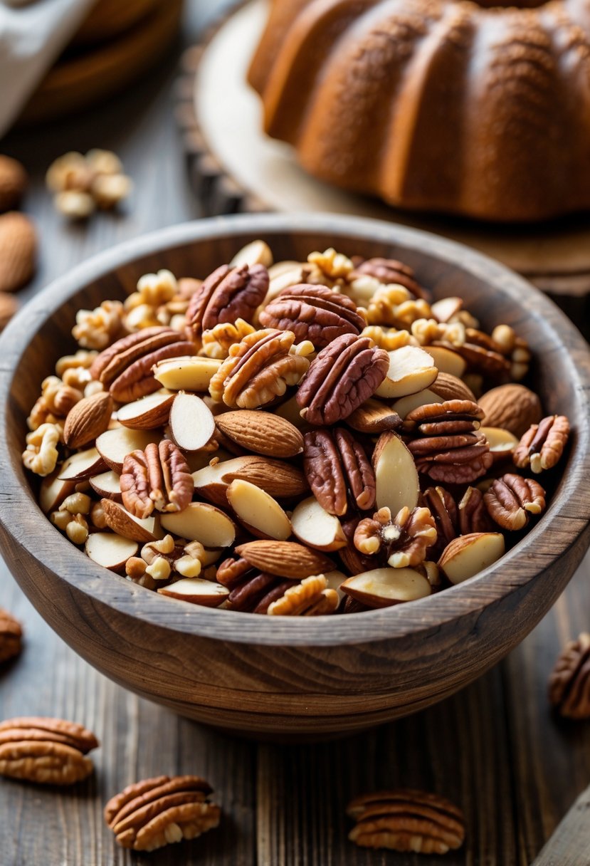 Close-up of a wooden bowl filled with chopped toasted nuts on a wooden table with a Bundt cake in the background.