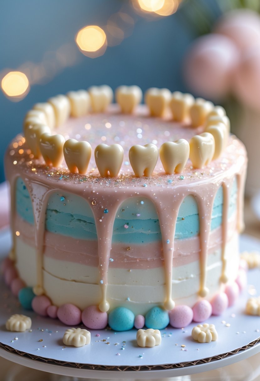 A close-up of a decorated baby cake with a shiny sugar glaze and tiny edible decorations shaped like baby teeth.