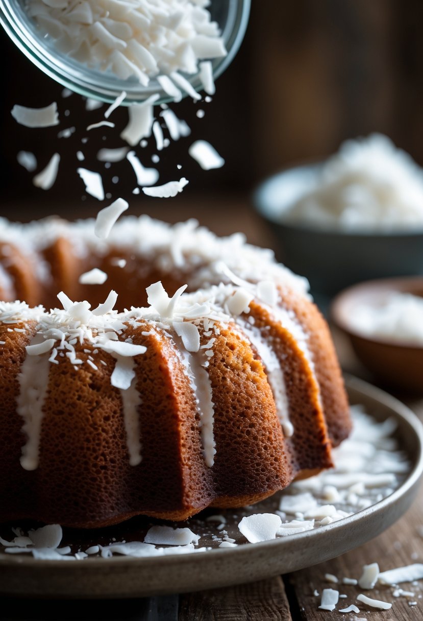 Close-up of coconut flakes being sprinkled onto a Bundt cake on a wooden surface.