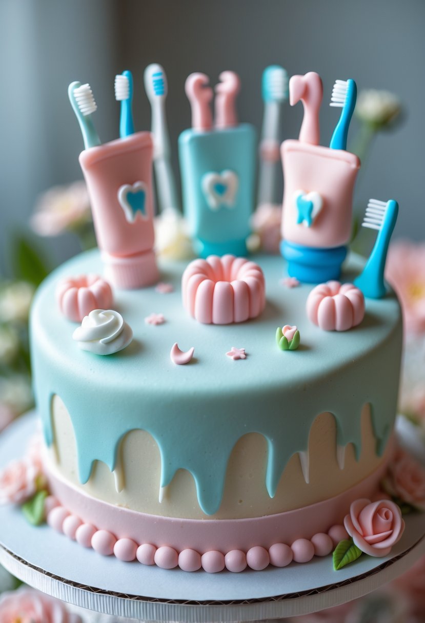 A baby cake decorated with miniature edible toothbrush and toothpaste figures on a smooth pastel-colored surface.