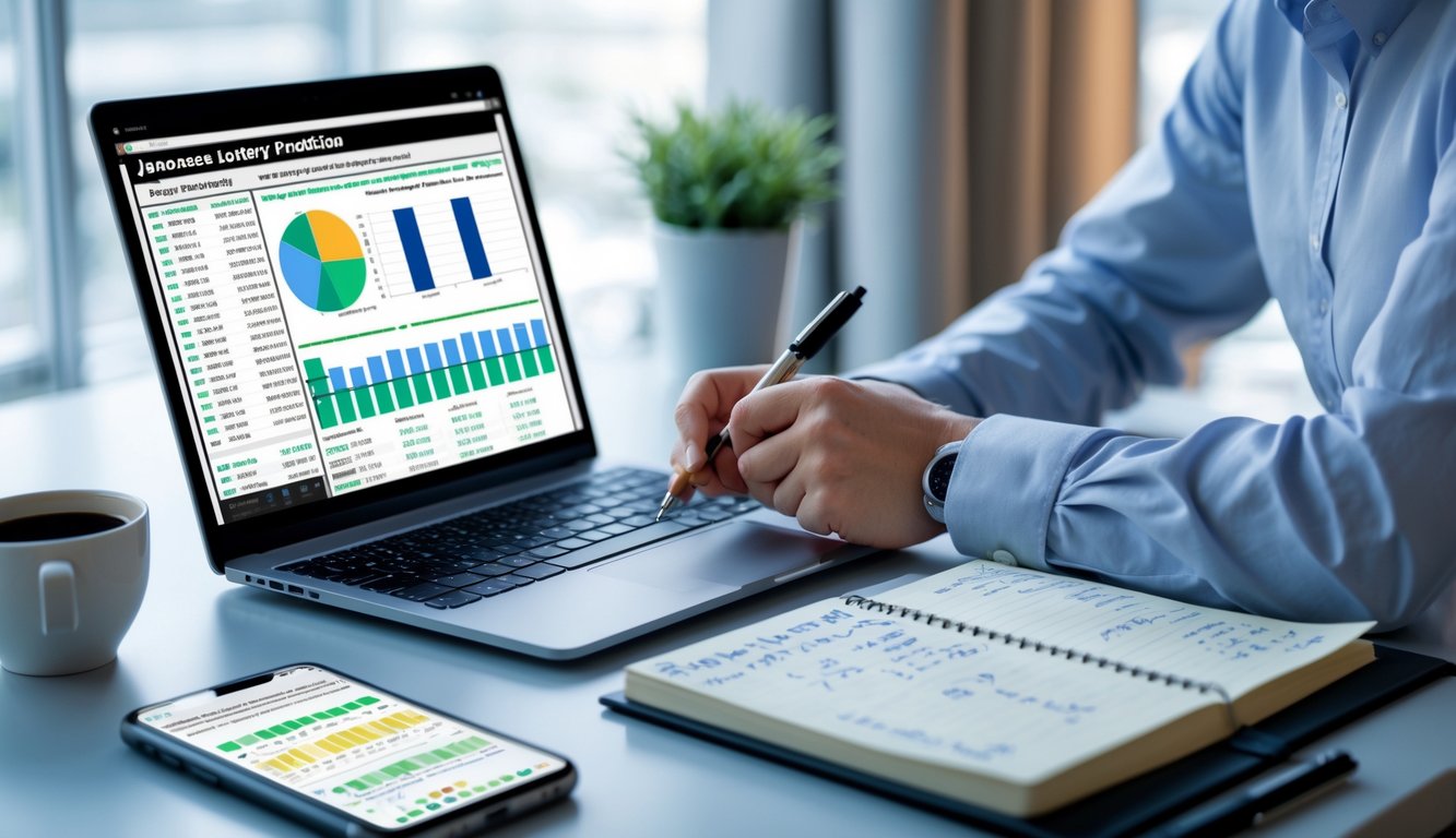 Seorang profesional sedang menganalisis data lotere Jepang dengan laptop dan catatan di meja kerja.