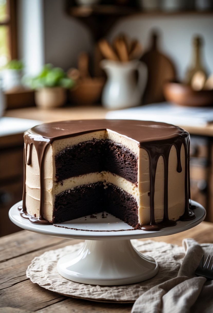 A chocolate layer cake with glossy ganache on a cake stand on a wooden table.