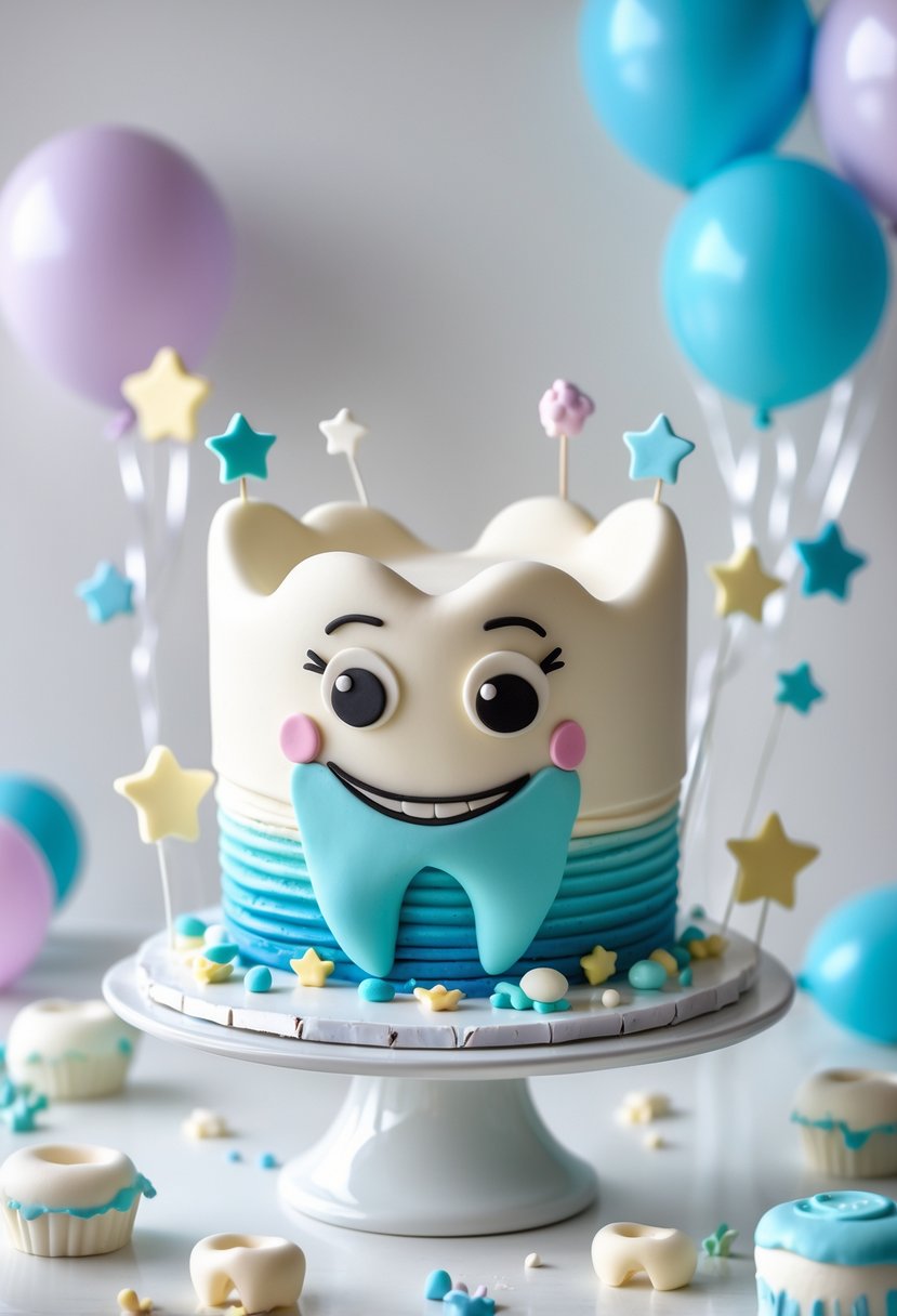 A colorful cake shaped like a smiling tooth character with baby-themed decorations on a white background.