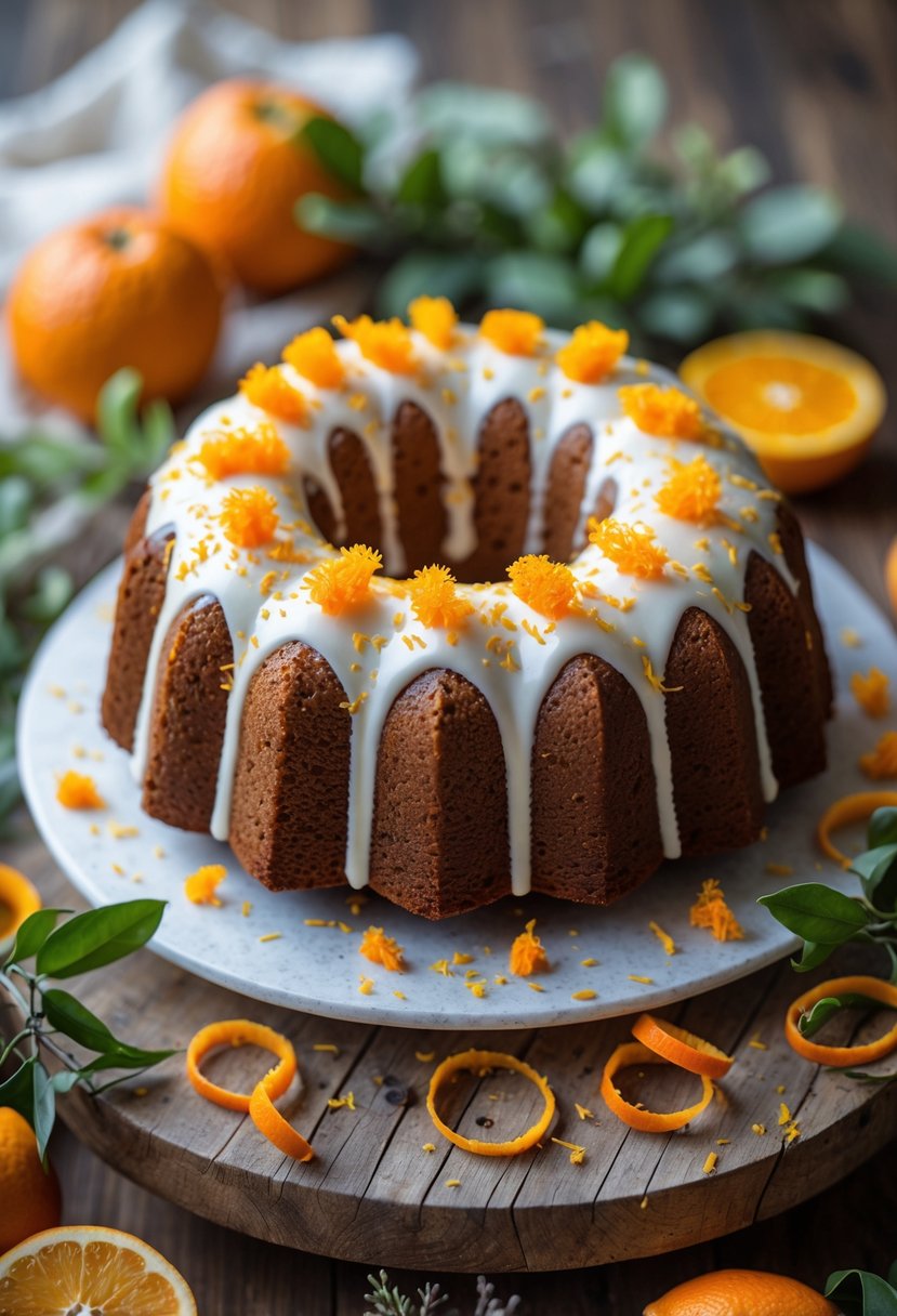 A Bundt cake decorated with orange zest sprinkles on a wooden table, surrounded by fresh oranges and greenery.