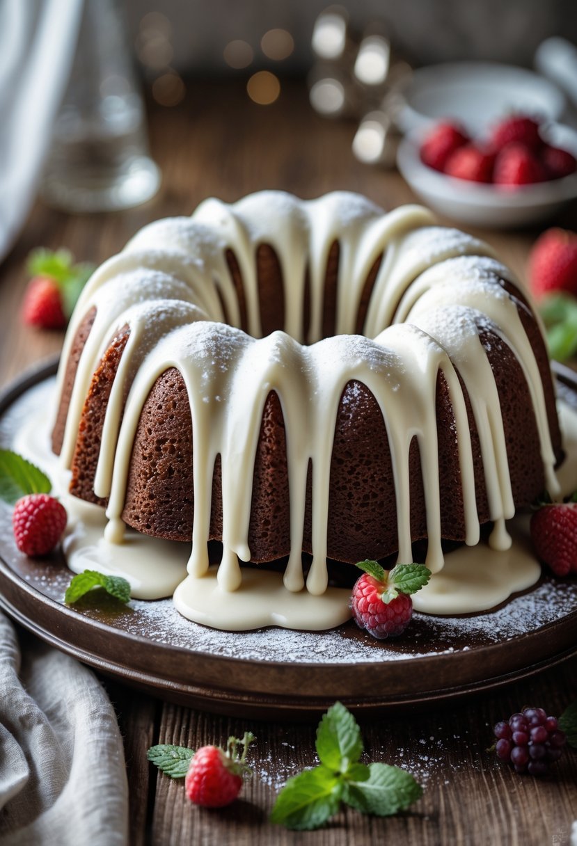A Bundt cake drizzled with white chocolate on a wooden table, decorated with berries and mint leaves.