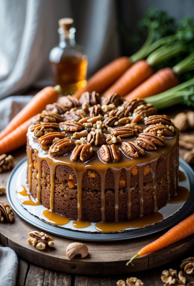 A carrot cake glazed with maple whiskey on a wooden table surrounded by carrots, cinnamon sticks, walnuts, and a small whiskey bottle.