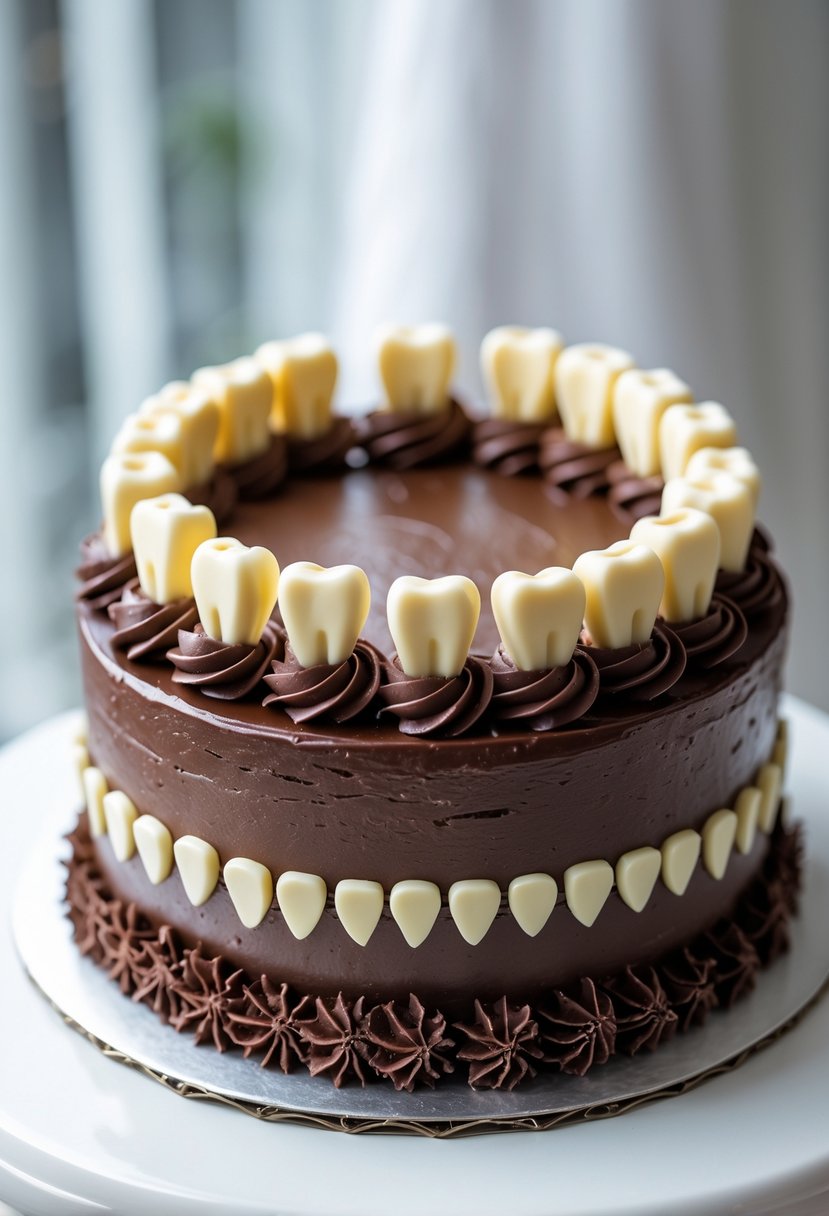 A chocolate cake decorated with white chocolate pieces shaped like baby teeth on a plain background.