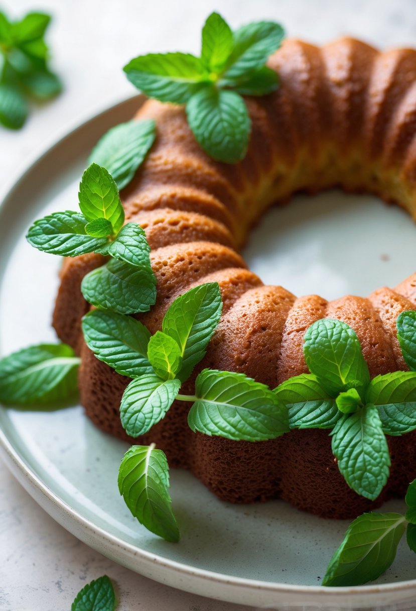 Close-up of fresh mint leaves decorating a Bundt cake on a plate.